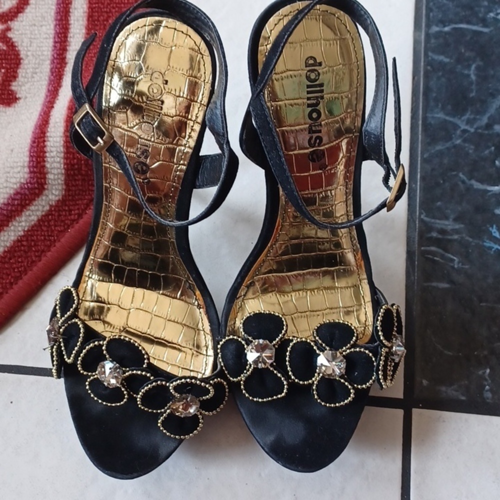 Dollhouse Black with gold flowers strap stiletto heels, never worn, 6" high